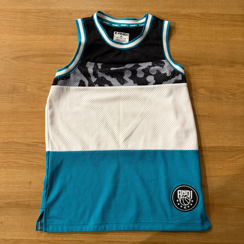 AND1 Boys Basketball Jersey Mesh Tank Top Teal Black White Camo Size 8 M